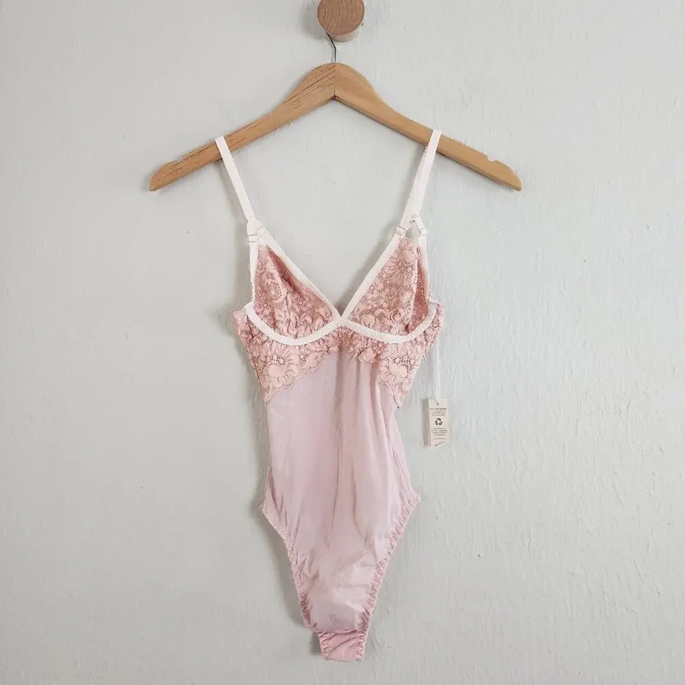 NWT We Are Hah x Free People Bust Out Lace Mesh Bodysuit Sheer Pink Floral XS